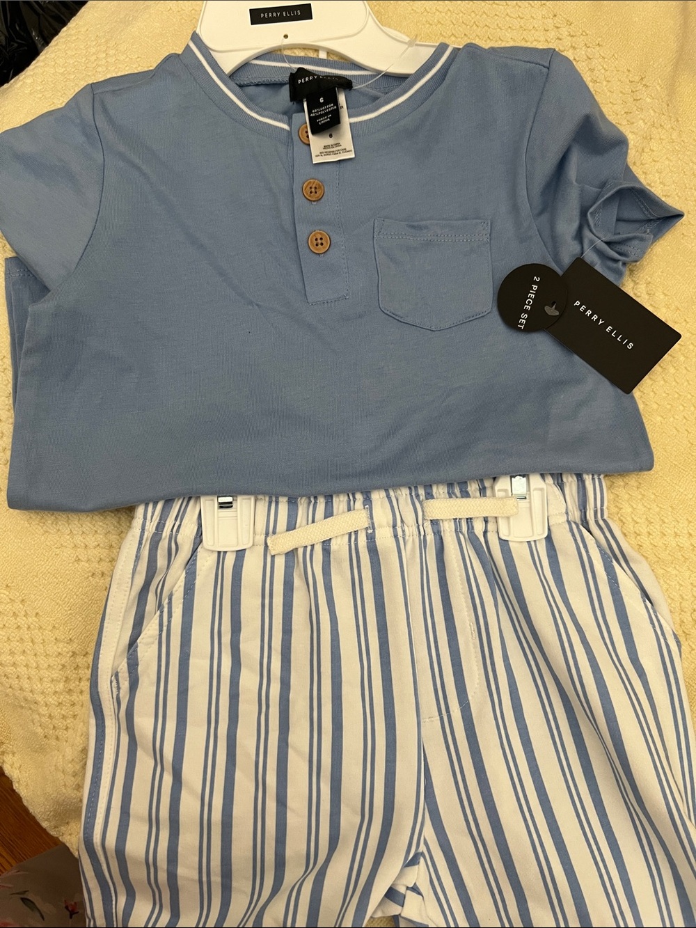 Perry Ellis Boys Light Blue Henley Top with White-Blue Striped Shorts Set